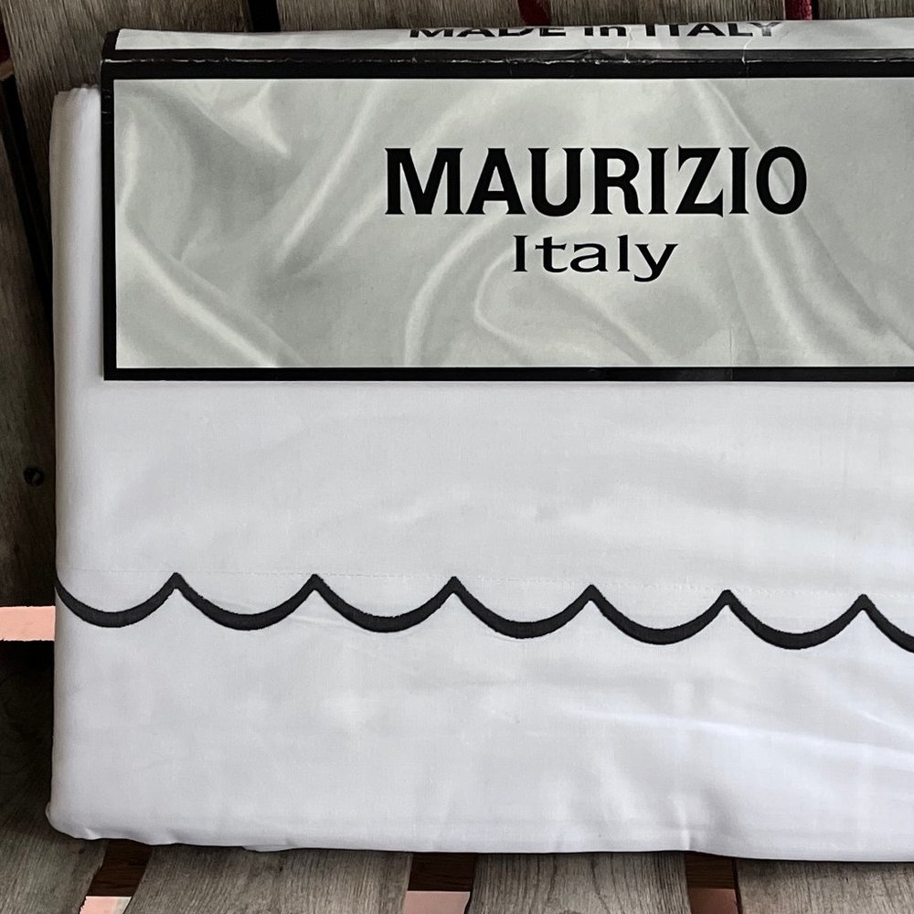 MAURIZIO Italy Scalloped Embroidery KING Sheet Set 100% Cotton/Fine Linen